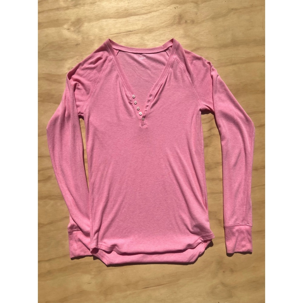 GapBody Pink Ribbed Henley Long Sleeve Top Raglan Curved Hem Loungewear